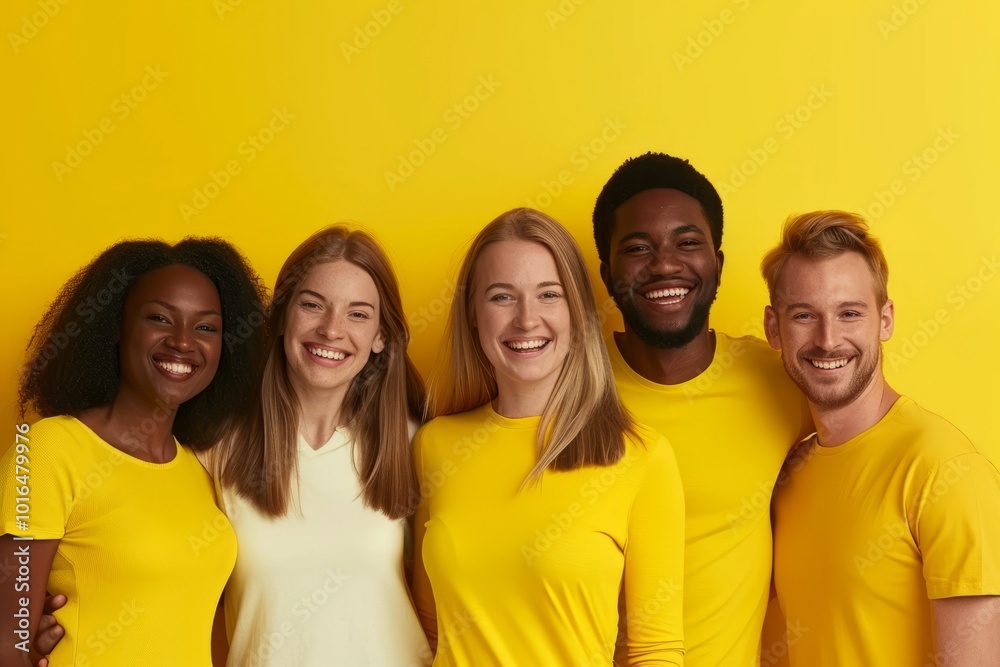 Group of diverse young people standing together and looking at camera over yellow background Group of diverse young people standing together and looking at camera over yellow background