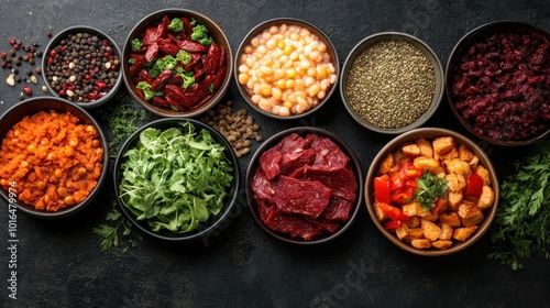 A diverse array of colorful foods, including beans, greens, meats, and spices, are arranged in bowls on a dark tabletop, creating a vivid visual feast. photo