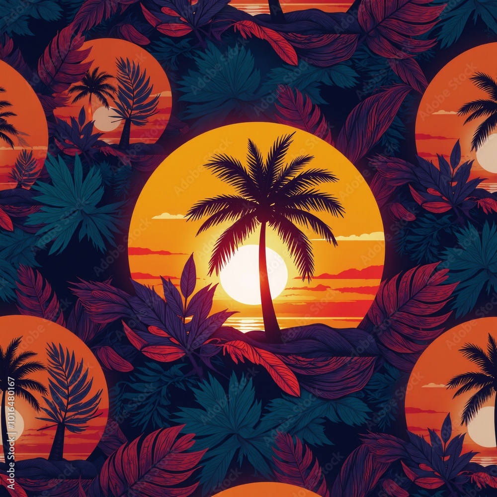 Obraz premium Abstract vector art featuring sun palms summery textures and leaves at dusk