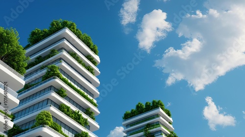 Highrise buildings with sustainable architecture, green energy grids, and rooftop gardens in a futuristic ecocity, eco skyscrapers, sustainabilityfocused urbanism photo