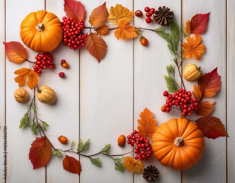 Fototapeta premium Autumn frame decor from pumpkins, berries and leaves on a white wooden background. Concept of Thanksgiving day or Halloween. Flat lay autumn composition with copy space.
