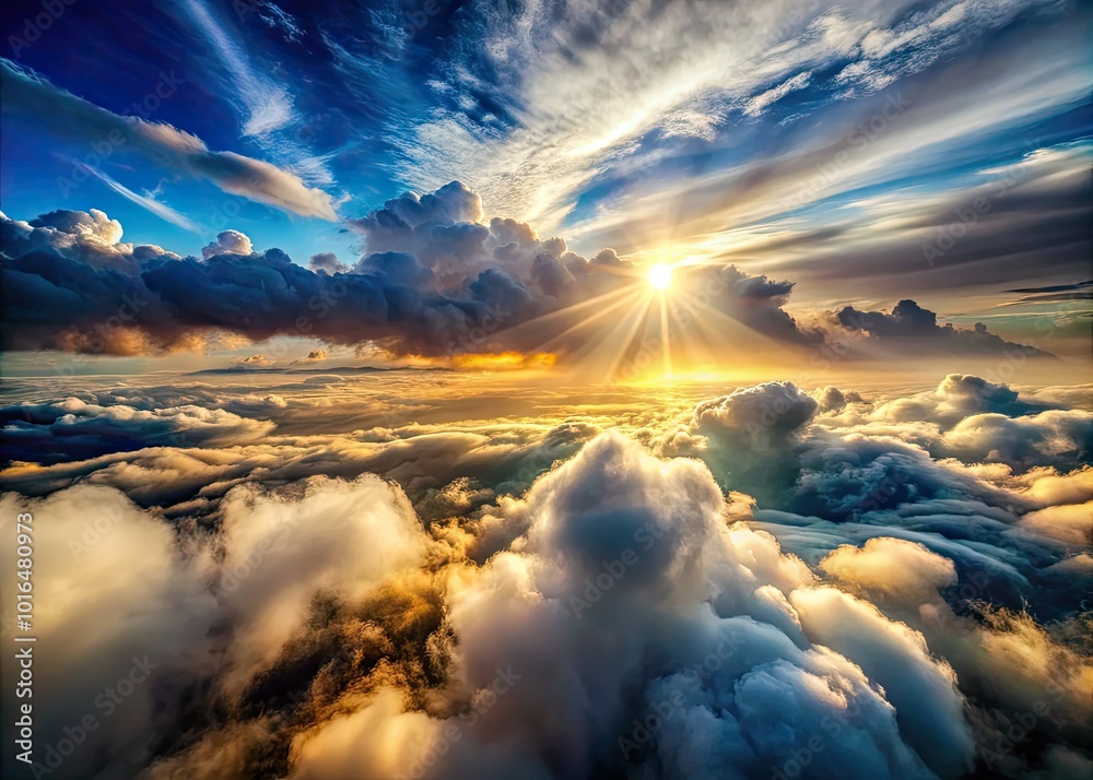 Breathtaking aerial panorama featuring dramatic cloud formations, sun rays piercing through, and an enchanting foggy terrain brought to life in stunning CG animation. Breathtaking aerial panorama featuring dramatic cloud formations, sun rays piercing through, and an enchanting foggy terrain brought to life in stunning CG animation.