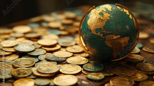 Financial theme depicting a globe resting on a pile of coins