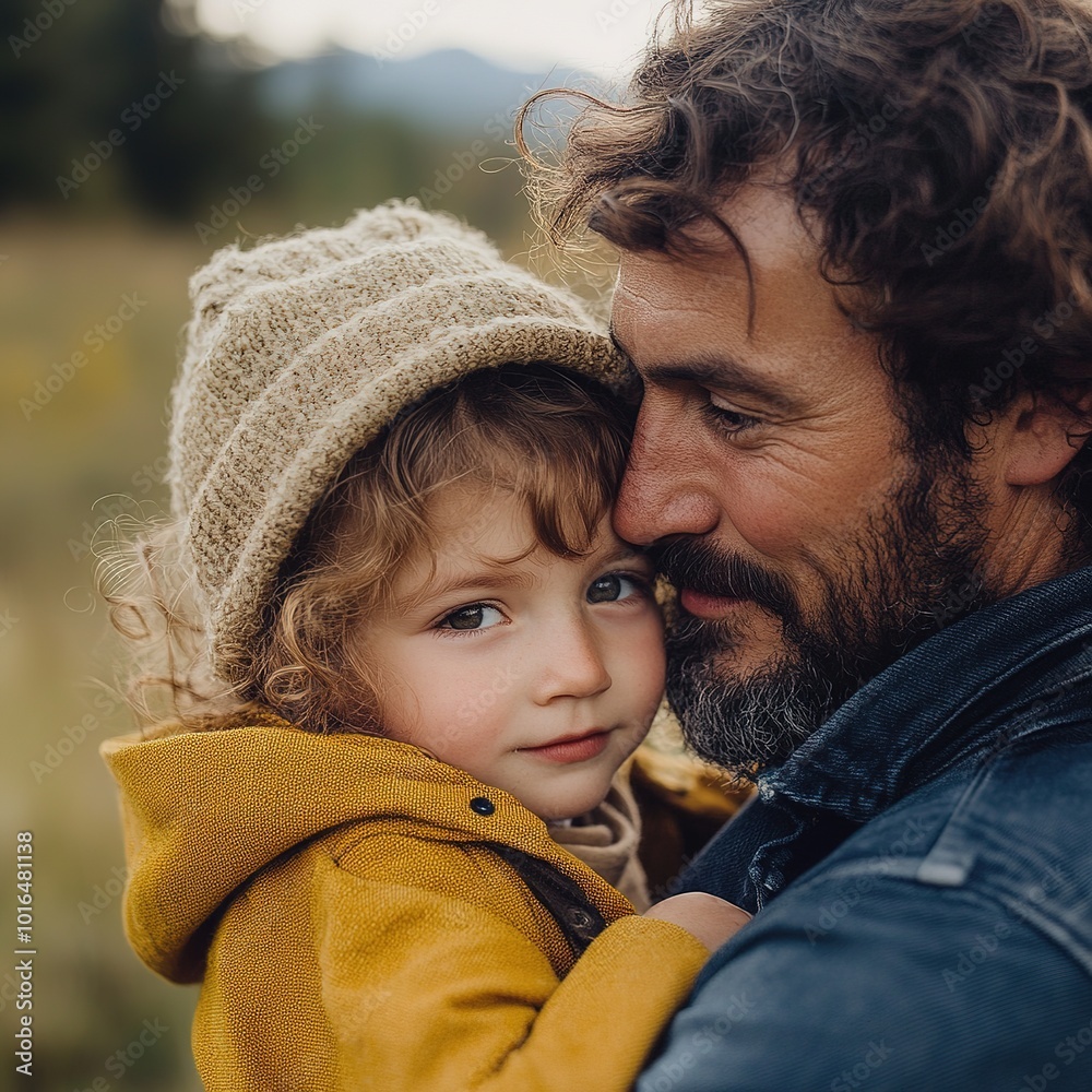 A heartwarming moment between a father and child, sharing a loving embrace in a natural outdoor setting with soft, warm clothing. A heartwarming moment between a father and child, sharing a loving embrace in a natural outdoor setting with soft, warm clothing.