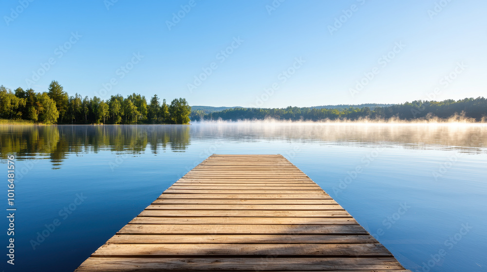 Tranquil wooden pier extending into a serene lake surrounded by lush greenery under a clear blue sky Tranquil wooden pier extending into a serene lake surrounded by lush greenery under a clear blue sky