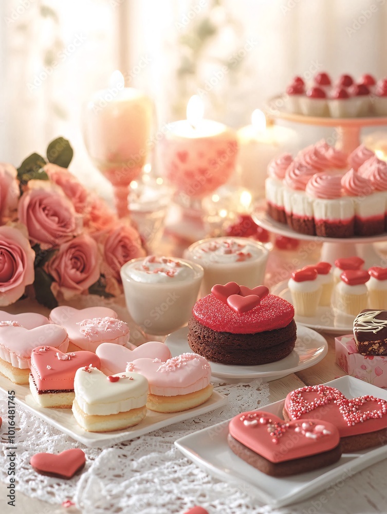 Beautifully Decorated Valentines Day Table with Heart Shaped Desserts and Candles Beautifully Decorated Valentines Day Table with Heart Shaped Desserts and Candles