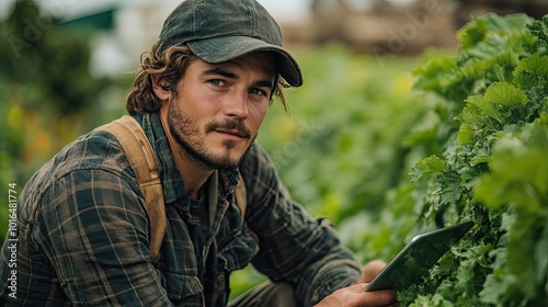 agroecology agriculture and management farmer in the field,a tablet integration of technology in farming practices enhancing productivity and sustainable agricultural systems.stock image