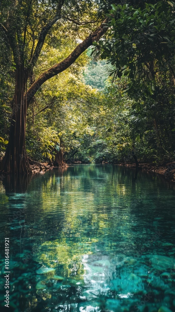 A tranquil river flows through vibrant greenery, reflecting the clear sky and trees overhead A tranquil river flows through vibrant greenery, reflecting the clear sky and trees overhead