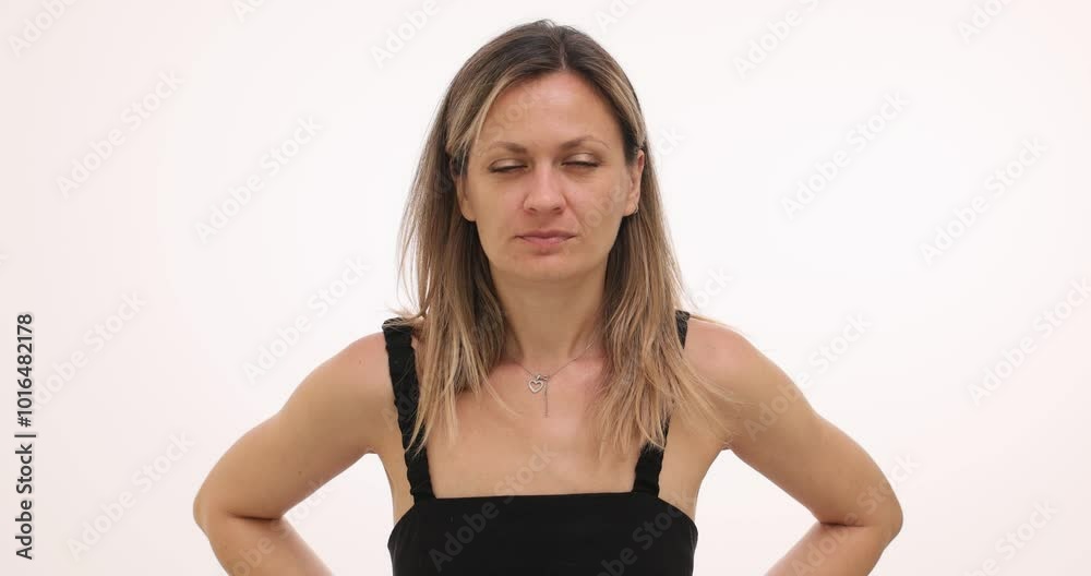 Woman looks tired and exhausted due to lack of sleep on white background. Sleepy blonde female shows clear signs of exhaustion slow motion Woman looks tired and exhausted due to lack of sleep on white background. Sleepy blonde female shows clear signs of exhaustion slow motion