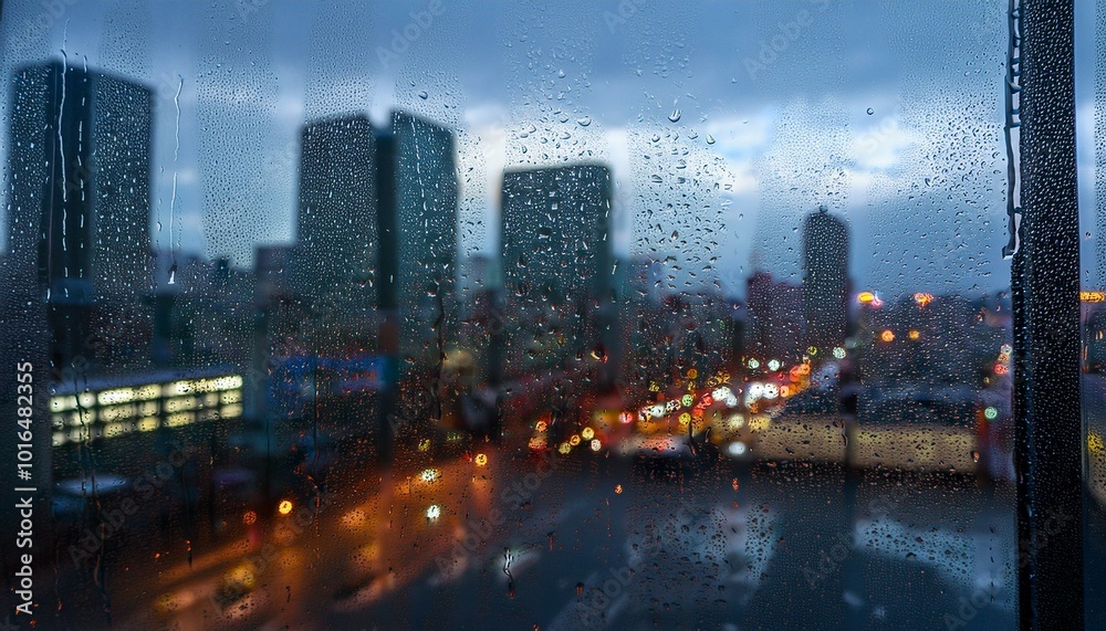 Fototapeta premium City view through a window on a rainy day