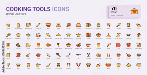 Cooking tool colorful icons set. Pot saucepan. Cooking home solid and line color icon collecton, Editable and pixel perfect, Icon names are written in English.