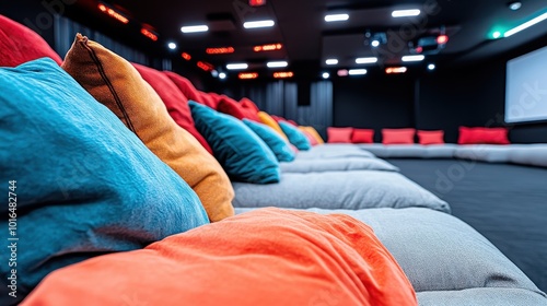 A colorful media lounge decked out with plush seats and vibrant LED lights, exuding an energetic and futuristic vibe perfect for social gatherings. photo