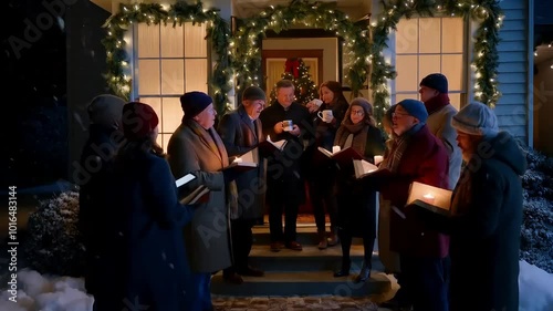 people in a church , Carol Singers Performing Christmas Songs at a Festive Doorstep, Christmas Carolers Singing Joyfully Outside a Decorated Home