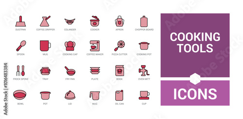 Cooking tool colorful icons set. Pot saucepan. Cooking home solid and line color icon collecton, Editable and pixel perfect, Icon names are written in English.