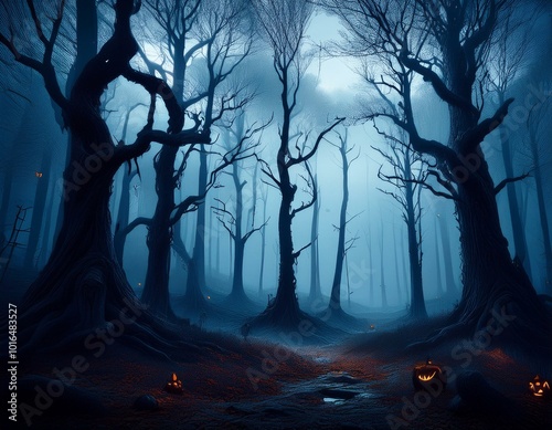 dark misty forest panorama fantasy halloween landscape