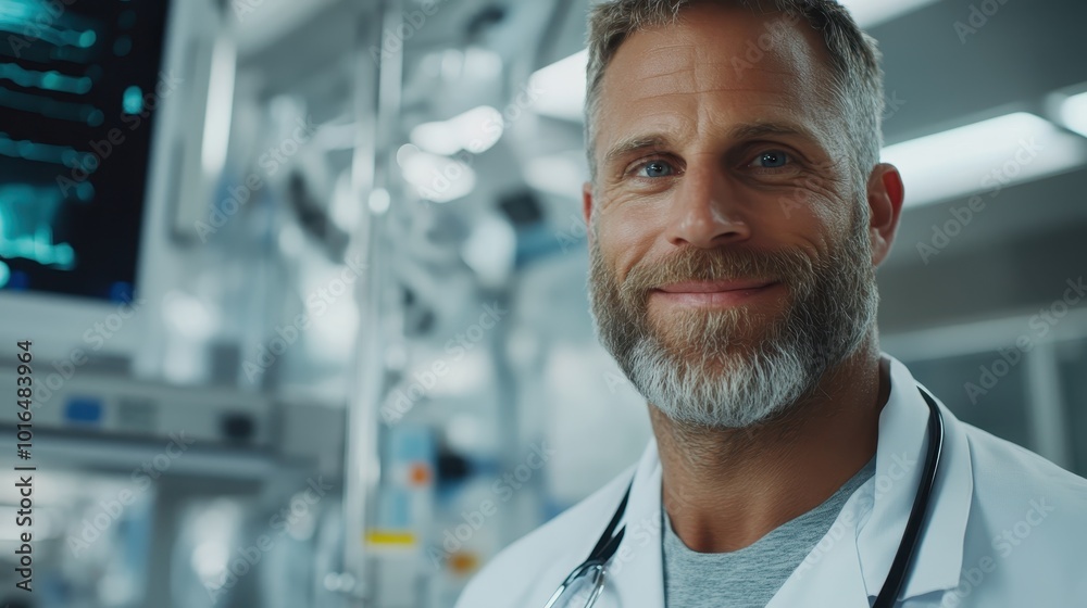 In this image, a smiling doctor is depicted in a modern hospital environment, representing professionalism, care, and the advancement of healthcare and medical services.