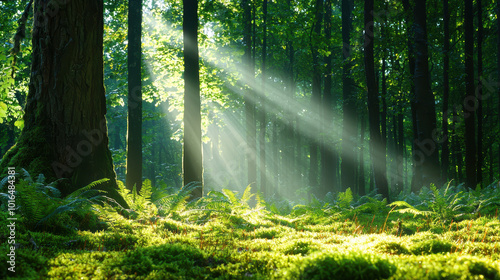 Sunlight filtering through lush green trees illuminating vibrant ferns on the forest floor in a serene woodland setting