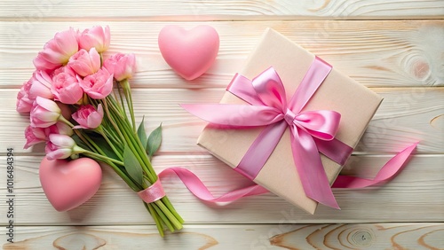 Celebrate love with a beautiful flat lay design featuring a pink heart, ribbon, and gift box, perfect for birthdays and Motherâ€™s Day celebrations. Spread joy!