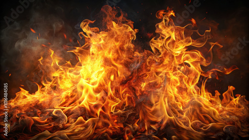 Intense flames dance and flicker, creating mesmerizing display of fire and heat. vibrant orange and yellow hues illuminate dark background, evoking sense of power and energy