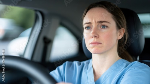A female nurse wearing a blue nursing uniform sits behind the wheel of her car and appears exhausted.
