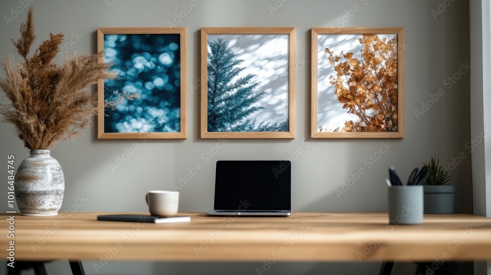 Obraz premium A cozy home office setup featuring a wooden desk, laptop, and three framed nature photos above, showcasing different seasonal foliage in a minimalist design.