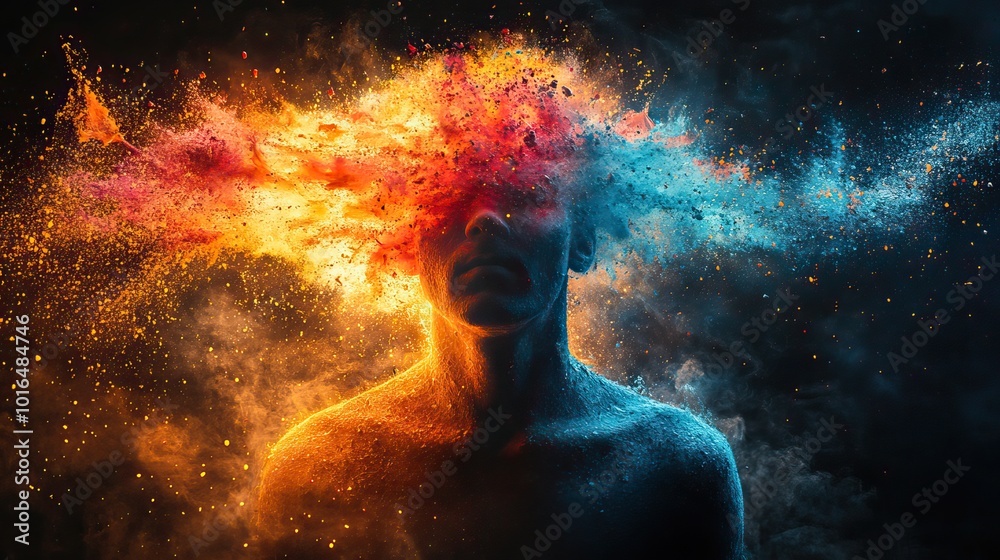 an artistic representation of a male figure in silhouette,a vibrant multicolored splash emanating from his head symbolizing the creative and therapeutic release of emotions through art.stock image an artistic representation of a male figure in silhouette,a vibrant multicolored splash emanating from his head symbolizing the creative and therapeutic release of emotions through art.stock image
