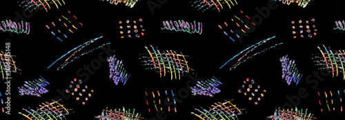 Seamless pattern of colorful naive playful shapes drawing by wax crayon pencil on black background. Chalk scribbles in pastel colors. Children brush handdrawn doodle. Chalk drawn grunge vector texture