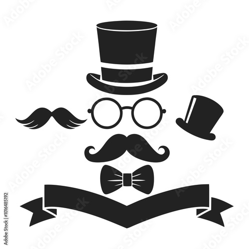 Vintage-themed gentleman icon set with mustaches, hats, bow ties, and retro accessories in silhouette style.Retro gentleman vector icon set featuring classic elements like monocles, top hats, and mus