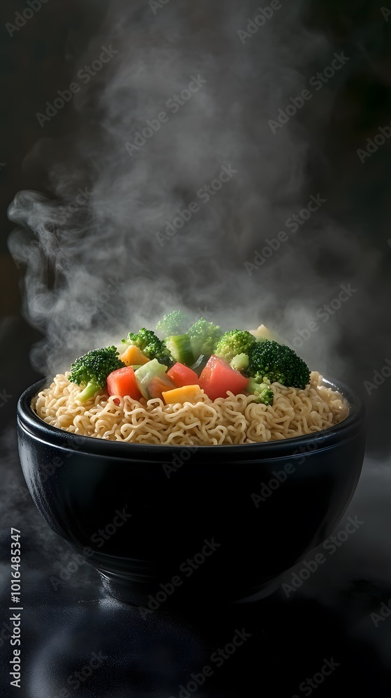 A bowl of noodles with vegetables, including broccoli and tomato, in the middle of it, steaming hot. A bowl of noodles with vegetables, including broccoli and tomato, in the middle of it, steaming hot.
