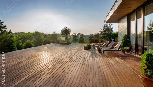 Furnished outdoor terrace with wpc wood plastic composite decking boards. Created with Generative AI technology.
