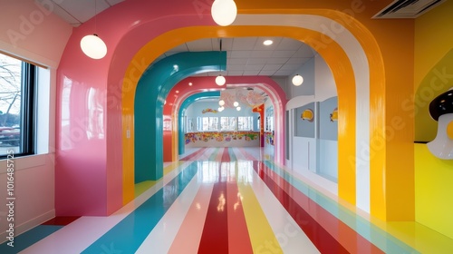 A vibrant corridor with multicolored arches and pendant lights, creating a playful and inviting atmosphere for exploration and creativity. photo