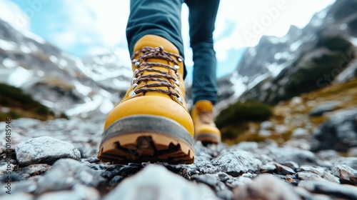 A hiking boot is captured mid-step on a mountain trail, representing a sense of adventure and journey through the rugged beauty and challenging terrains of the wilderness.