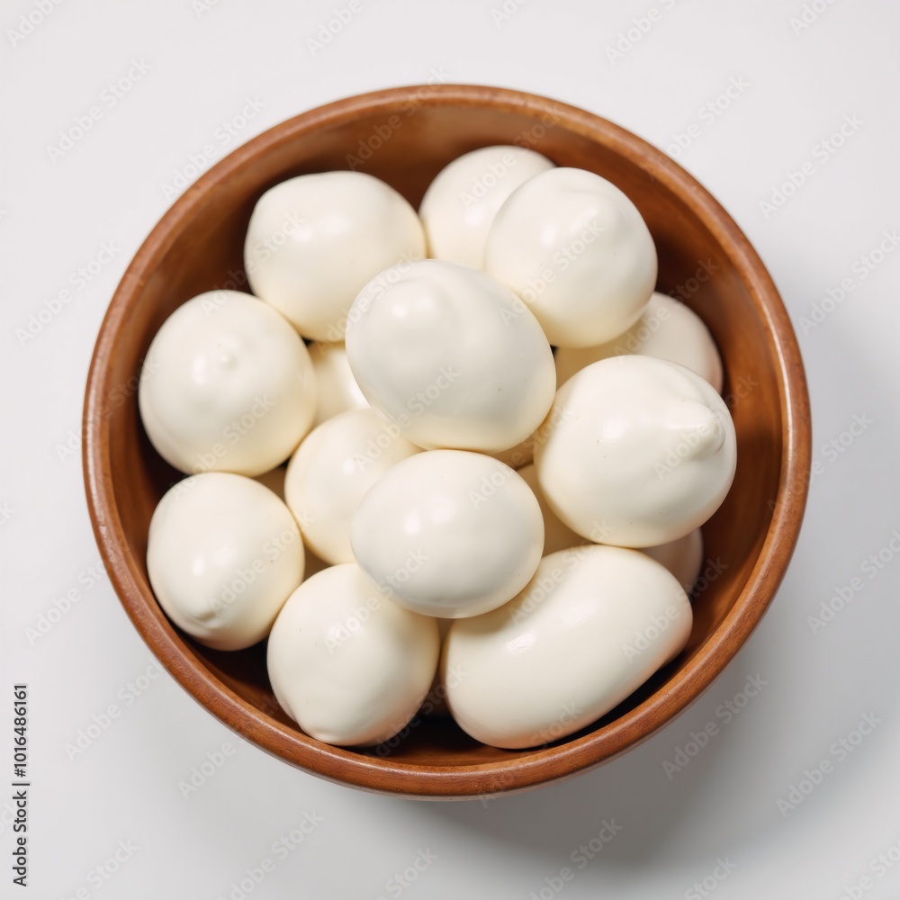Wooden bowl holds assorted mozzarella cubes on pure white backdrop