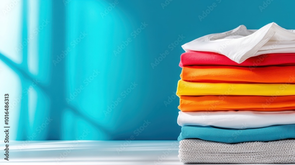 A neatly folded stack of colorful T-shirts against a serene blue backdrop emphasizes calm organization, color harmony, and modern simplicity in fashion.