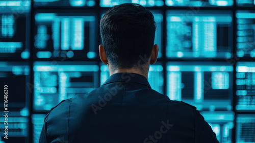 Monitoring real time data, cybersecurity expert analyzes vulnerabilities on multiple screens. atmosphere is intense and focused, highlighting importance of security in digital age