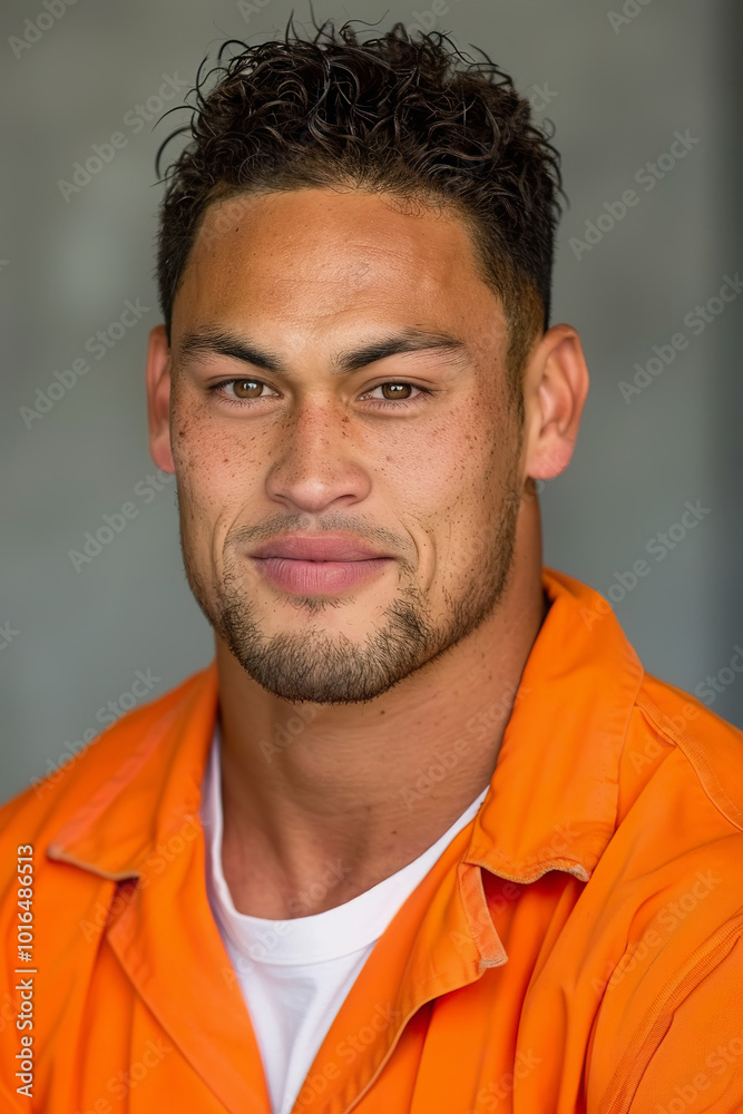 Fototapeta premium Young Maori Man in Orange Prison Uniform closeup