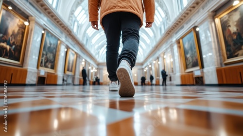 A person walks through a grand, elegant art gallery with polished wood flooring and classical paintings on the walls, capturing a moment of cultural appreciation.