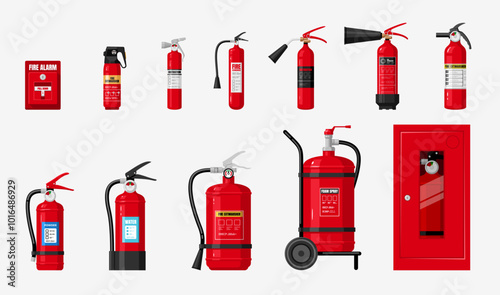Portable or industrial fire extinguisher firefighter equipment set icon