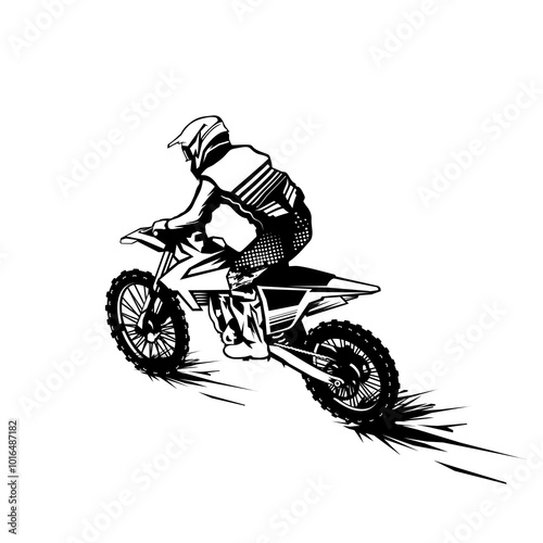 motocross drifting rider side view left rear black and white vector line art