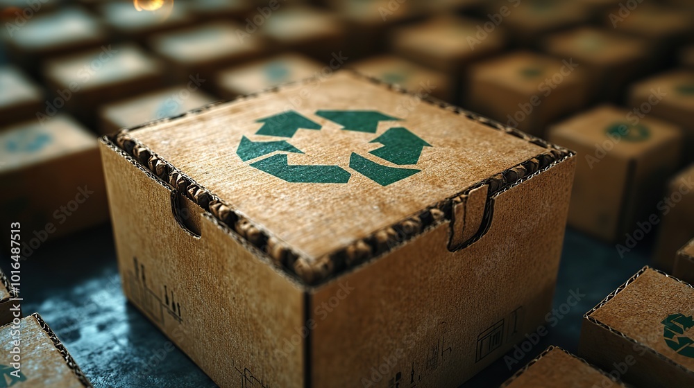 Obraz premium an eco friendly paper box and corrugated cardboard materials featuring the universal recycle symbol emphasizing the importance of sustainable packaging and responsible ecological waste management