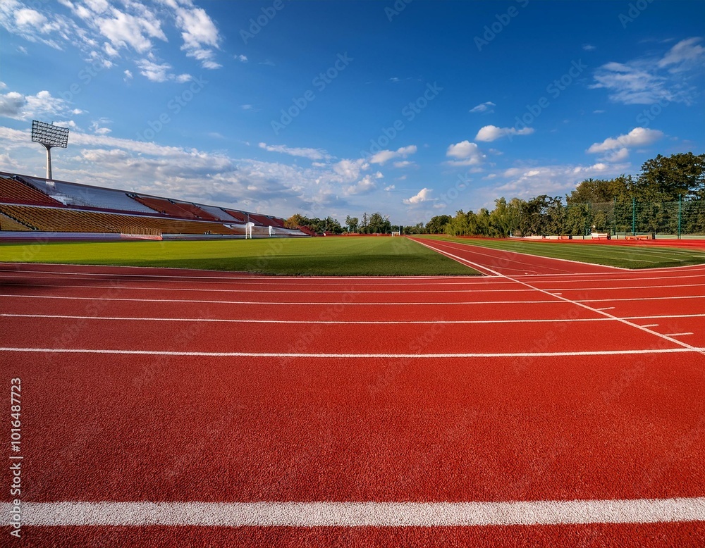 High school track and field ground, red running tracks with white lines on the sports complex of high schools, blue sky. High school track and field ground, red running tracks with white lines on the sports complex of high schools, blue sky.