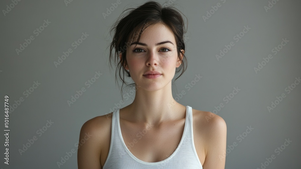 Beautiful brunette in white t-shirt doing breast self-examination Breast Cancer female breast, support, prevention, mammography, screening, oncology, cancer treatment. Beautiful brunette in white t-shirt doing breast self-examination Breast Cancer female breast, support, prevention, mammography, screening, oncology, cancer treatment.