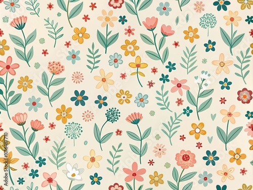 Minimalist Hand Drawn Seamless Pattern with Cute Flowers for Kids' Designs