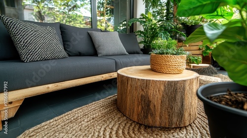 This rustic seating area incorporates natural elements like a log coffee table and plenty of lush greenery, bringing the harmony and tranquility of nature indoors. photo