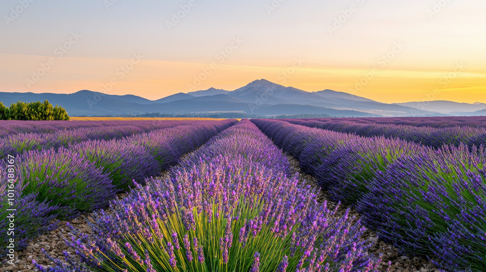 Obraz premium Vibrant lavender fields stretching towards a mountain range at sunset, creating a serene and picturesque landscape