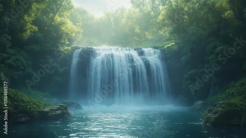 enchanting fantasy landscape featuring cascading waterfalls and a panoramic view of lush greenery dreamlike atmosphere with ethereal colors and magical light illuminating the scene