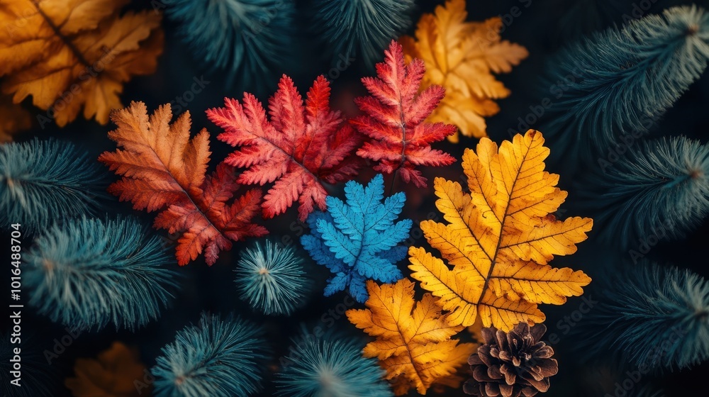 Aerial view of a vibrant autumn forest, red and gold leaves contrasted with dark evergreen trees Aerial view of a vibrant autumn forest, red and gold leaves contrasted with dark evergreen trees