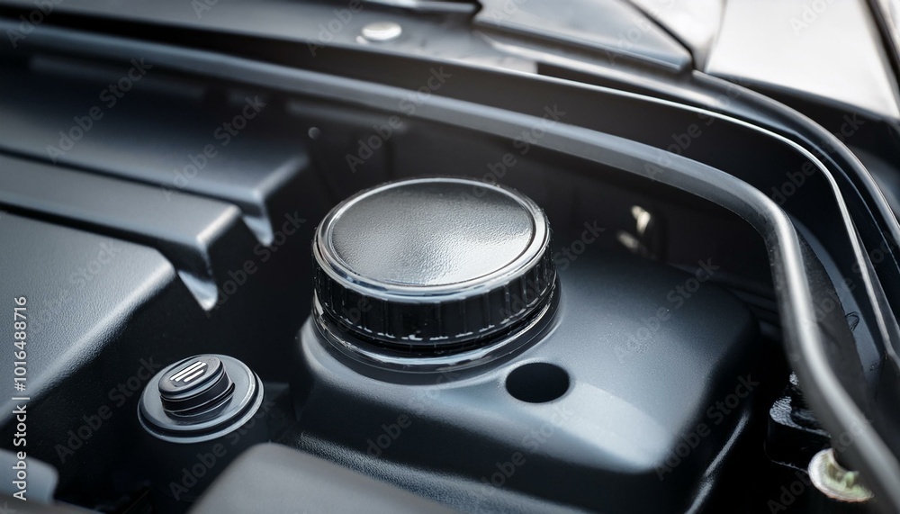 Motor oil cap under the hood of a car Motor oil cap under the hood of a car
