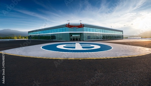 Modern Hospital Building with Helicopter Landing Pad