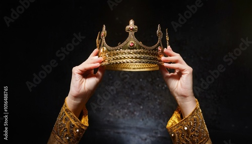 mysteriousand magical image of woman's hand holding a gold crown over gothic black background. Medieval period concept